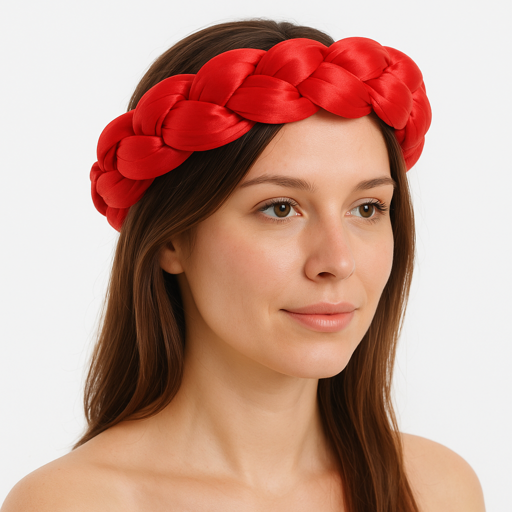 Femme portant un bandeau tressé en satin rouge, élégant et confortable, parfait pour le sauna ou les soins du visage.