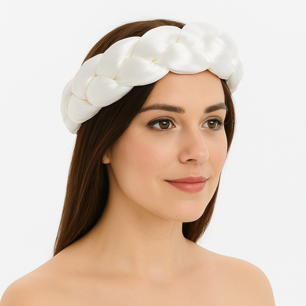 Femme portant un bandeau tressé en satin blanc, élégant et confortable, parfait pour le sauna ou les soins du visage.