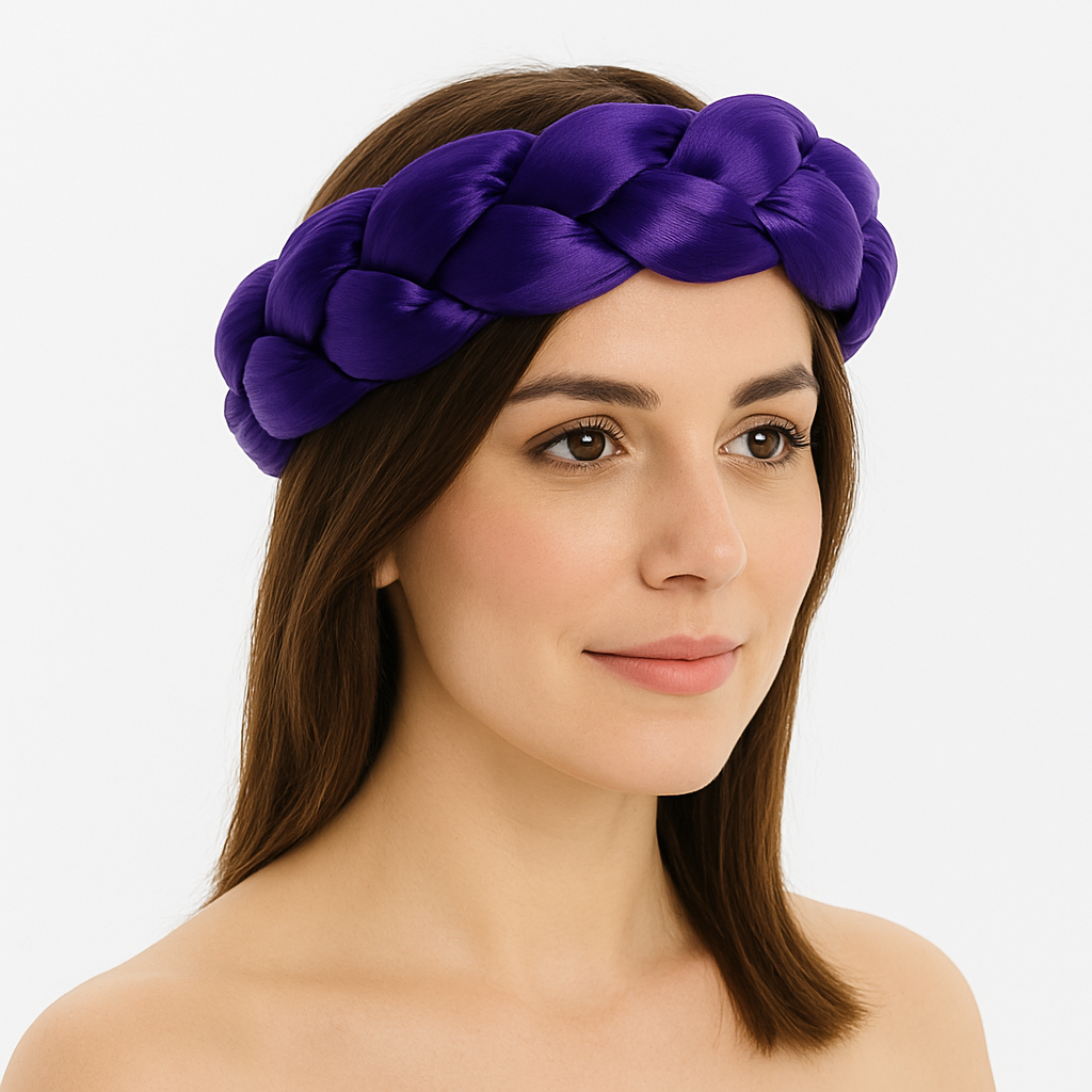 Femme portant un bandeau tressé en satin violet, élégant et confortable, parfait pour le sauna ou les soins du visage.