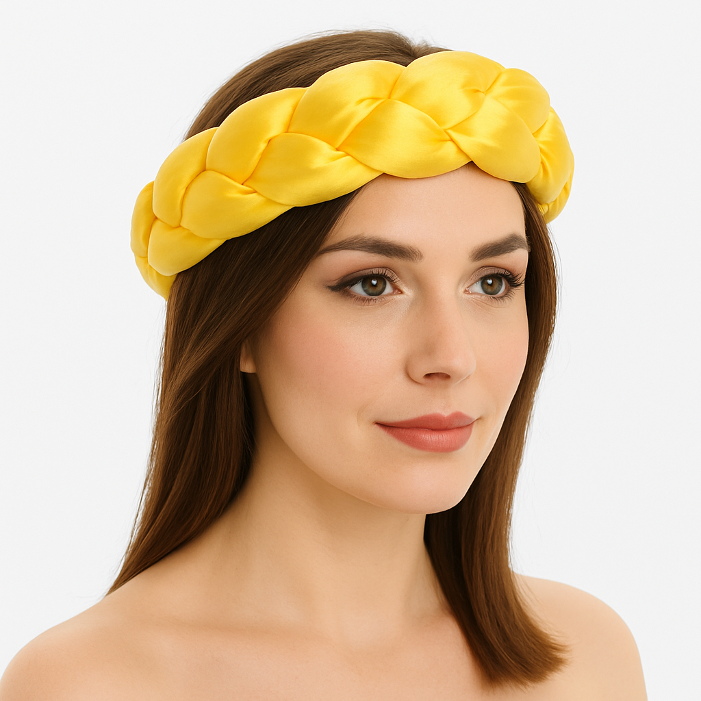 Femme portant un bandeau tressé en satin jaune, élégant et confortable, parfait pour le sauna ou les soins du visage.
