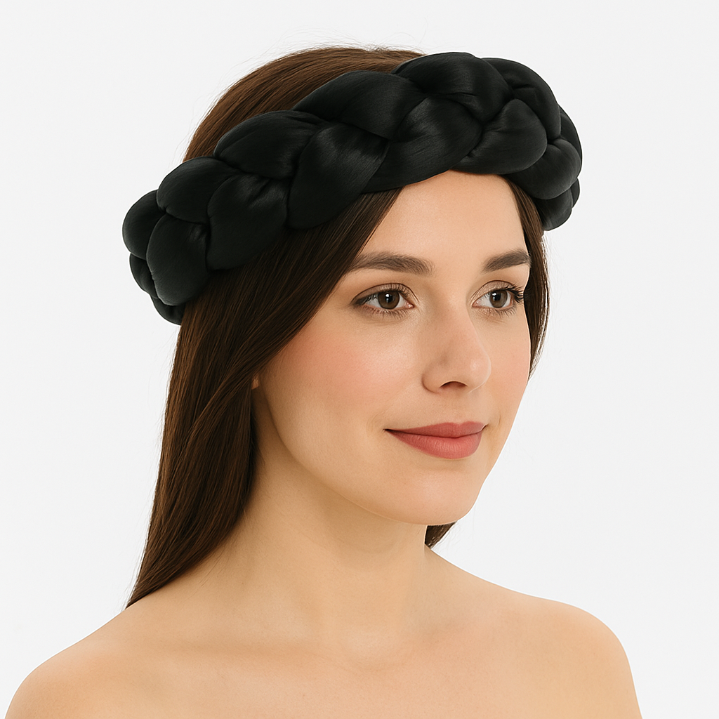 Femme portant un bandeau tressé en satin noir, élégant et confortable, parfait pour le sauna ou les soins du visage.