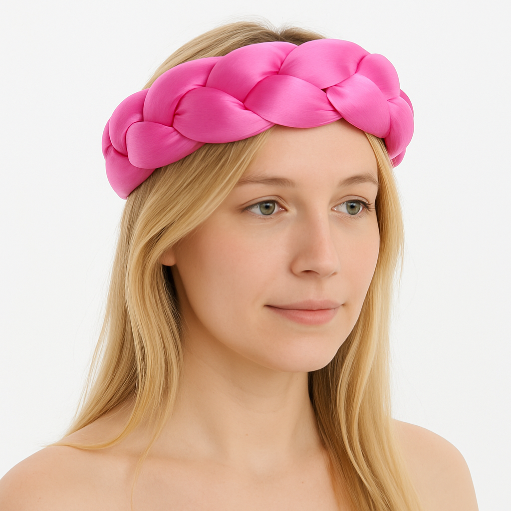 Femme portant un bandeau tressé en satin rose, élégant et confortable, parfait pour le sauna ou les soins du visage.