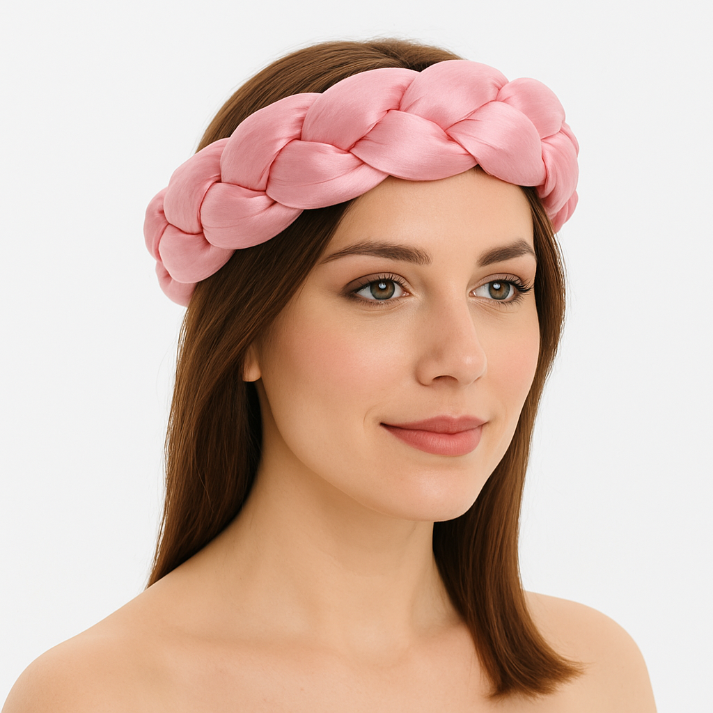 Femme portant un bandeau tressé en satin rose clair, élégant et confortable, parfait pour le sauna ou les soins du visage.