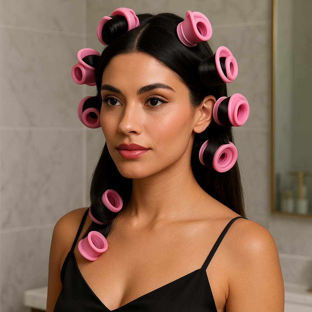 Femme aux cheveux lisses avec des bigoudis en silicone roses sans chaleur dans salle de bain avec miroir.