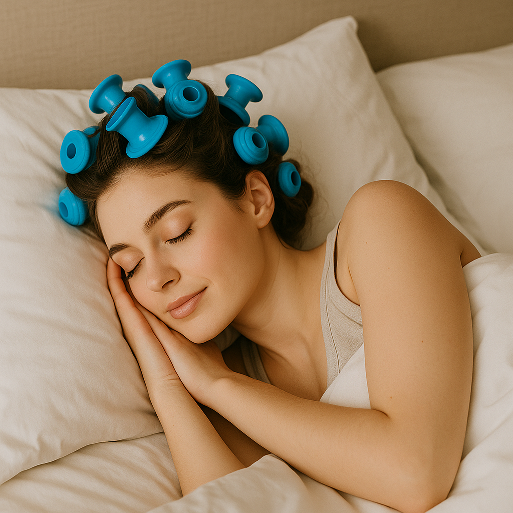 Femme aux cheveux lisses dormant paisiblement avec des bigoudis en silicone bleus sans chaleur.