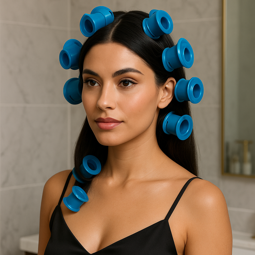Femme aux cheveux lisses avec des bigoudis en silicone bleus sans chaleur dans salle de bain avec miroir.