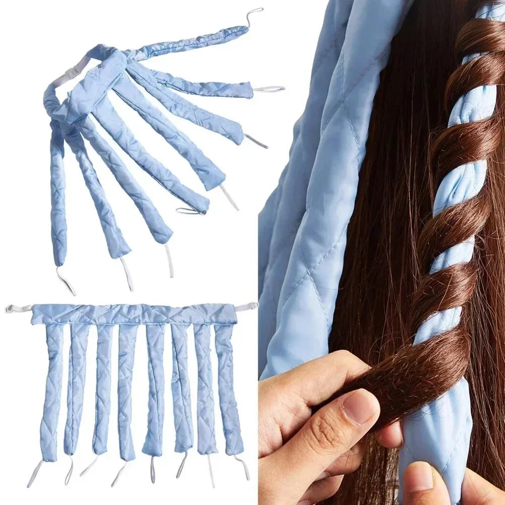 Bandeau boucleur sans chaleur bleu avec chevelure bouclée- Bigoudis doux pour cheveux naturels et soyeux