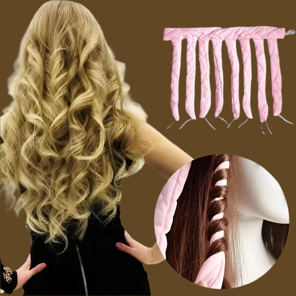 Belle blonde bouclée avec Bandeau-boucleur-sans chaleur - Bigoudis rose doux pour cheveux naturels et soyeux-