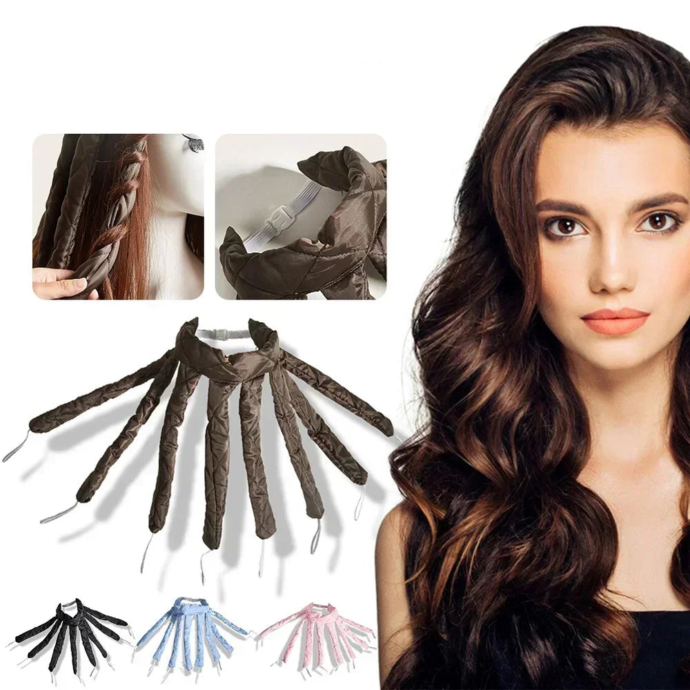 Femme bouclée avec Bandeau boucleur sans chaleur - Bigoudis doux pour cheveux naturels et soyeux