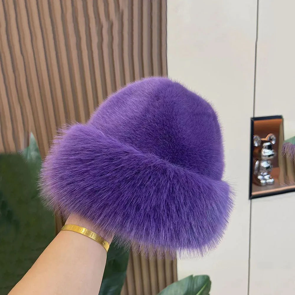 Bonnet violet en fourrure pour femme, élégant et chaud pour l'hiver