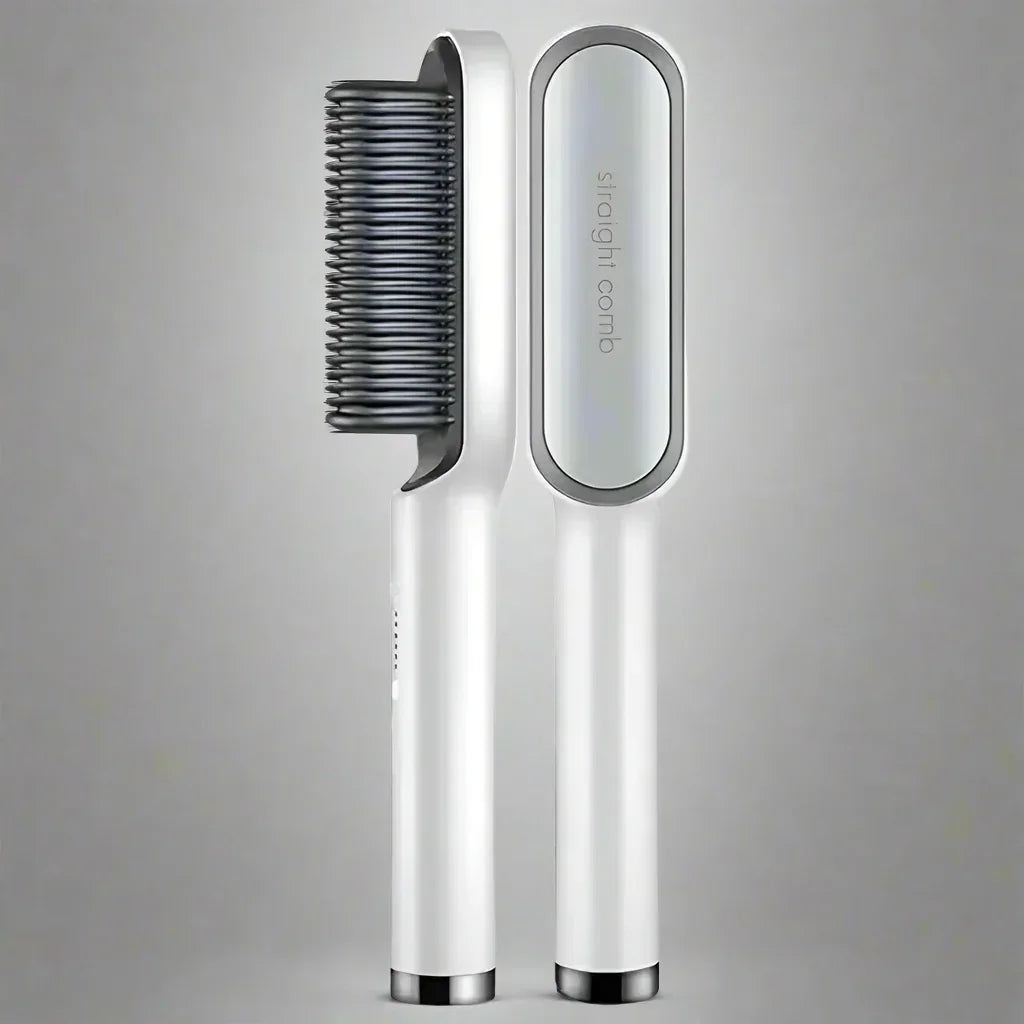 Brosse lissante blanche innovante avec chaleur, poils noirs et corps ergonomique