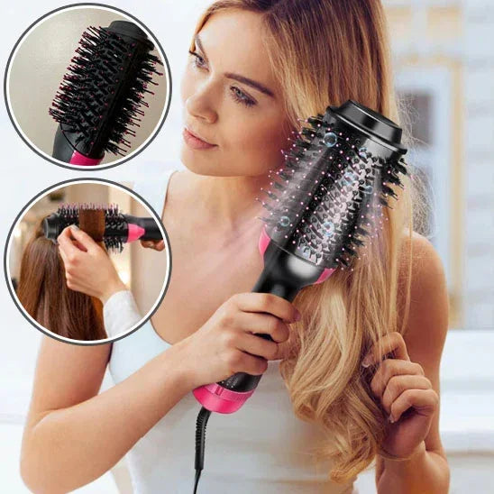 Femme utilisant une brosse chauffante ronde pour coiffer ses cheveux blonds, avec gros plan sur la brosse