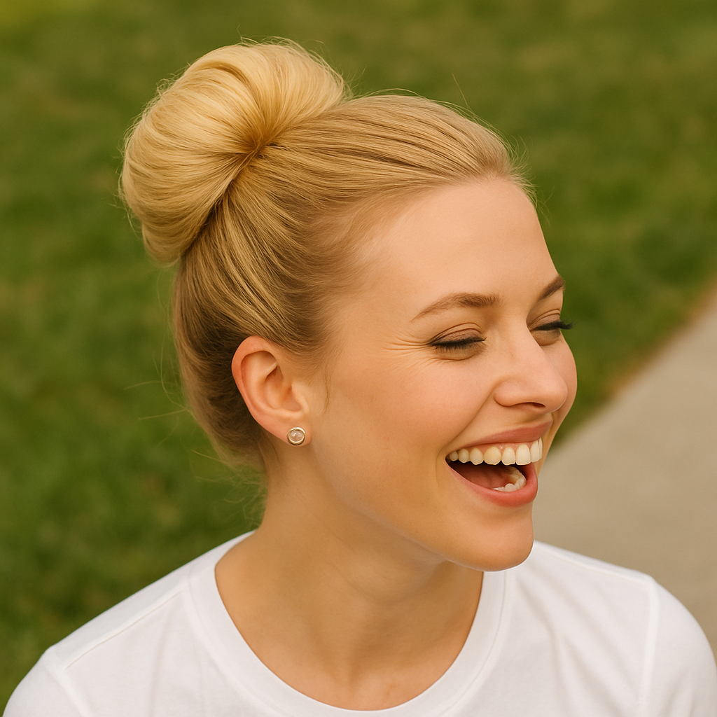 Jeune femme blonde riant en plein air, coiffée d’un chignon postiche naturel et volumineux.