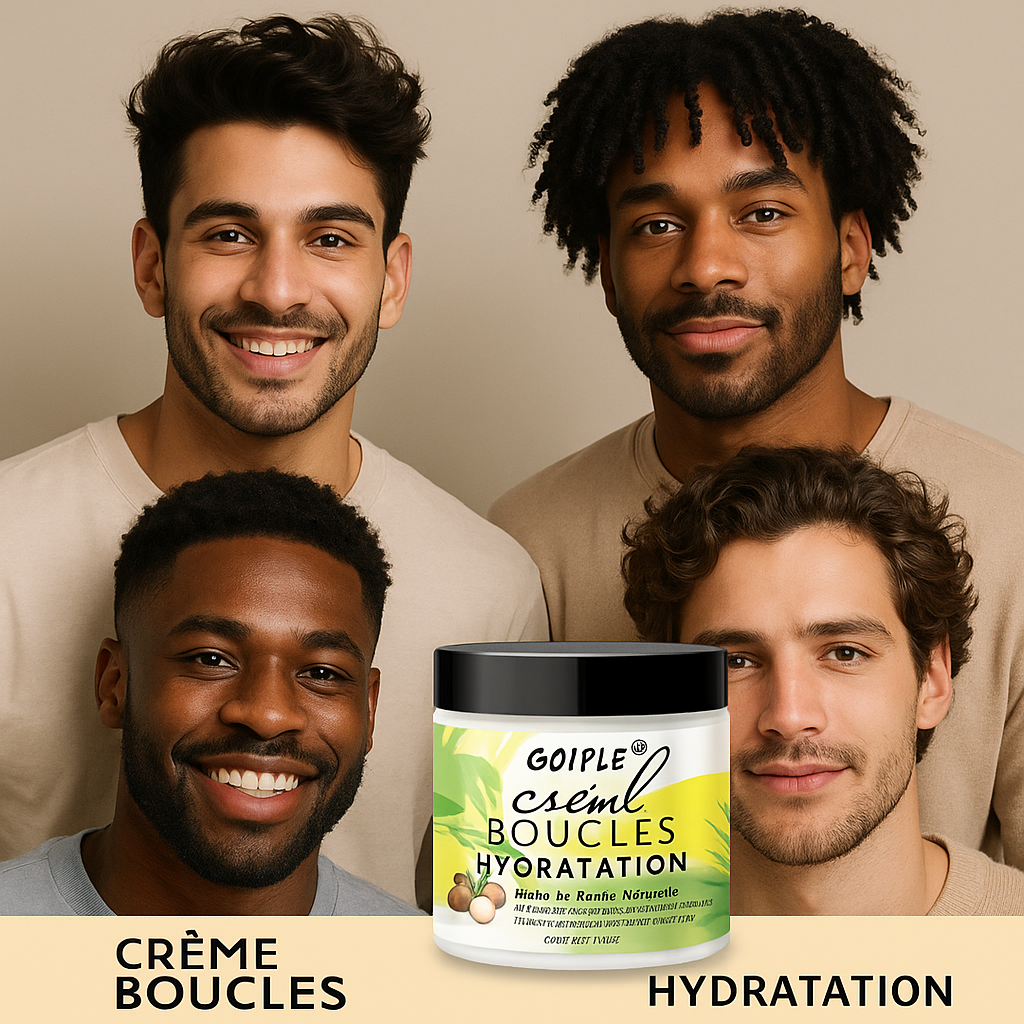 Quatre hommes aux cheveux bouclés de textures variées posent souriants autour d’un pot de crème boucles hydratation, sur fond beige doux.