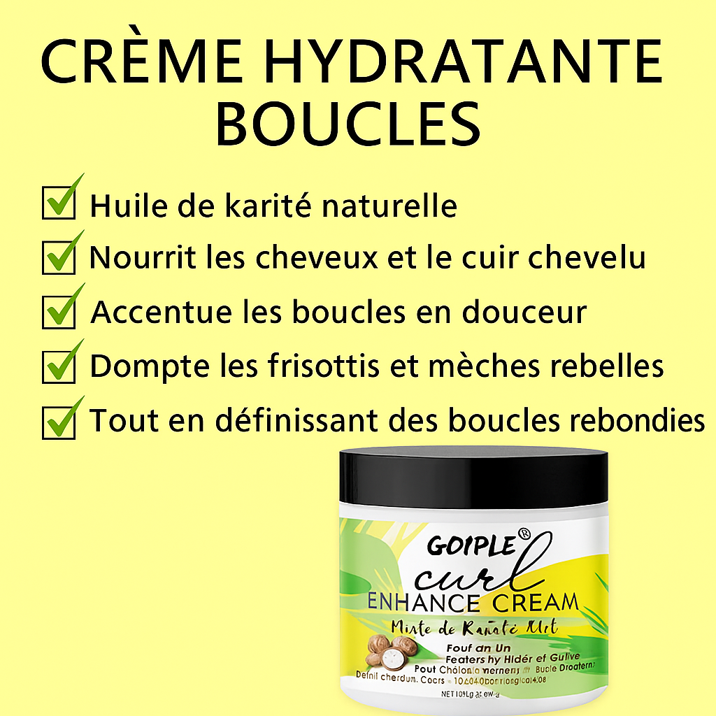 Bénéfices et pot de crème boucles hydratation sur fond jaune