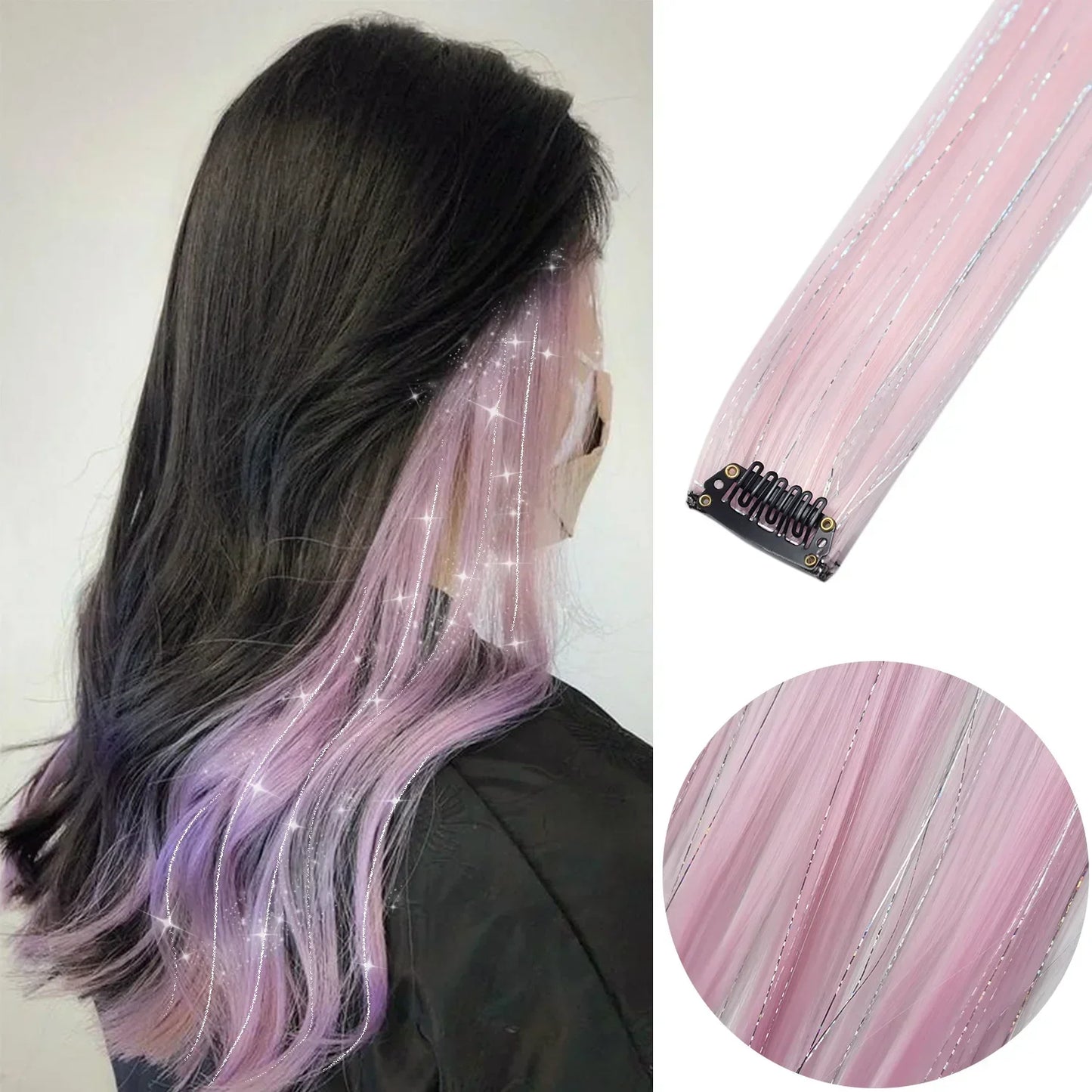 Extensions cheveux rose trĂšs clair paillette avec mĂšches scintillantes sur cheveux longs noirs