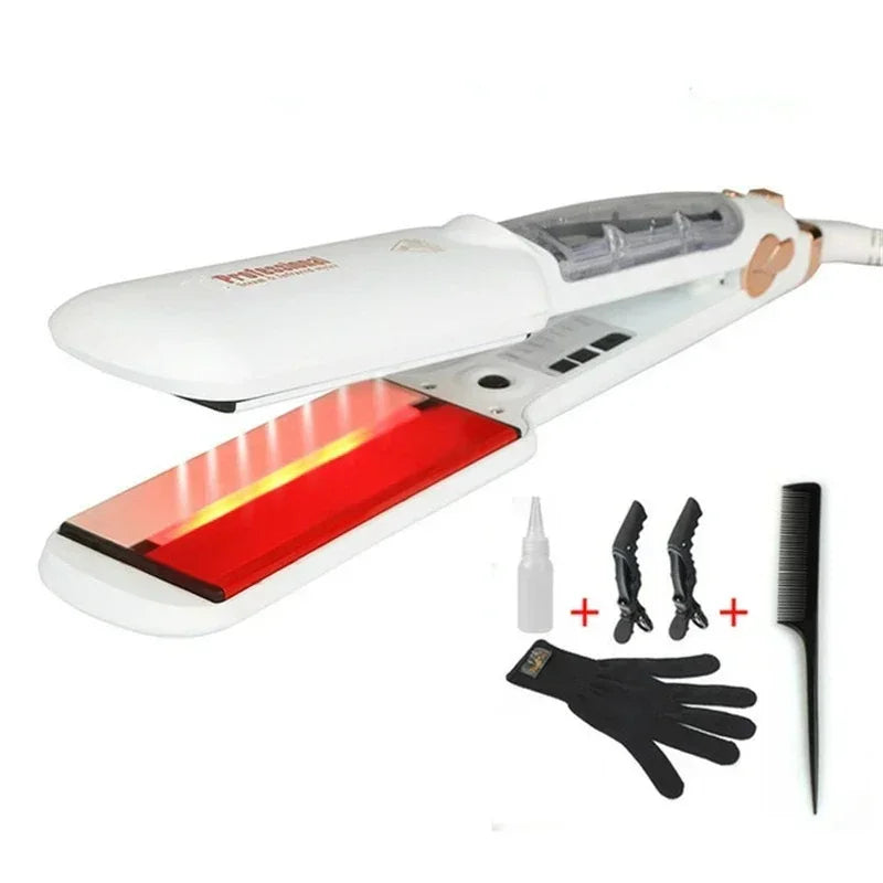 fer Ă lisser vapeur professionnel blanc avec plaques rouges, gants, deux pinces et peigne noir