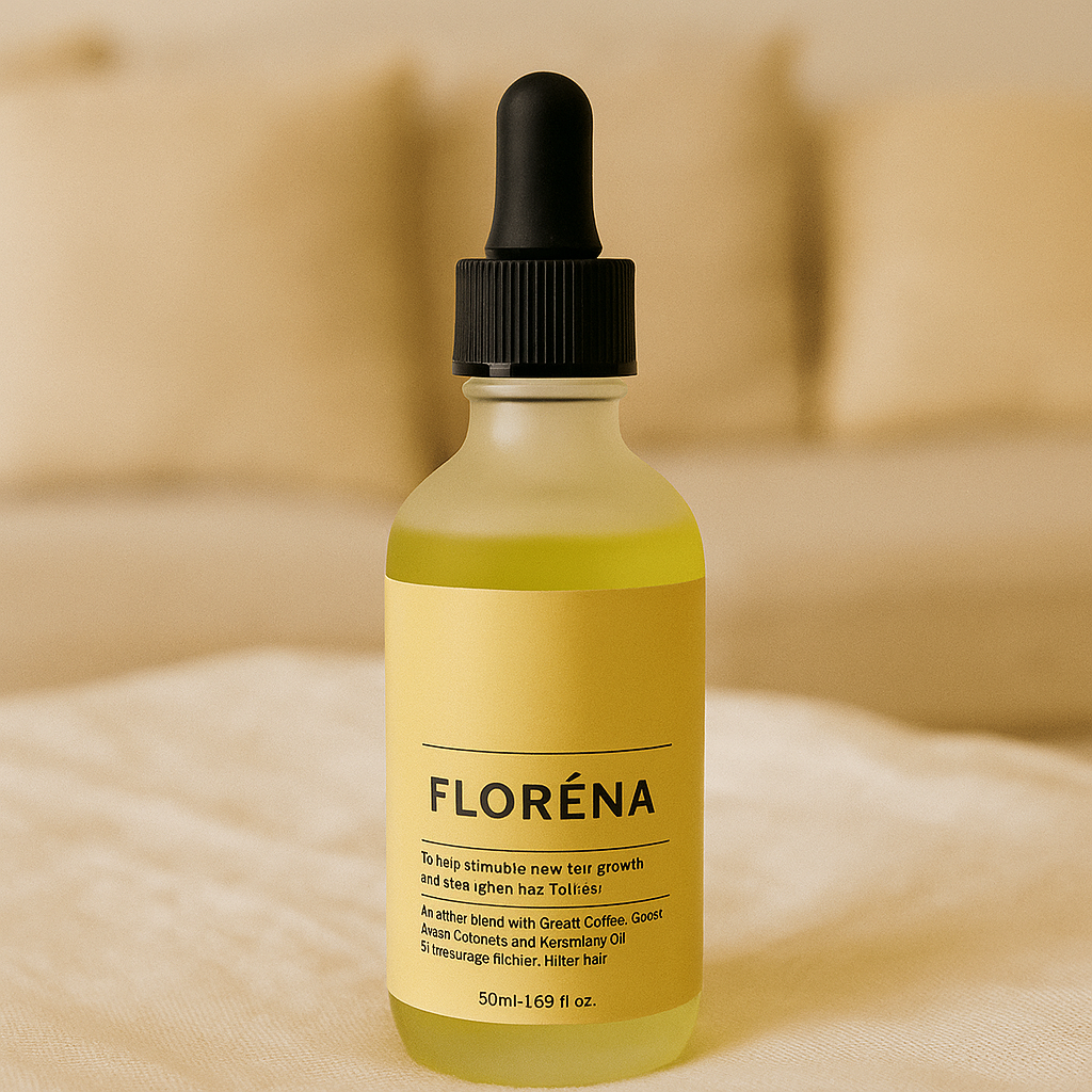 Flacon d’huile capillaire Florena, soin dynamisant pour nourrir et revitaliser les cheveux secs ou fatigués.