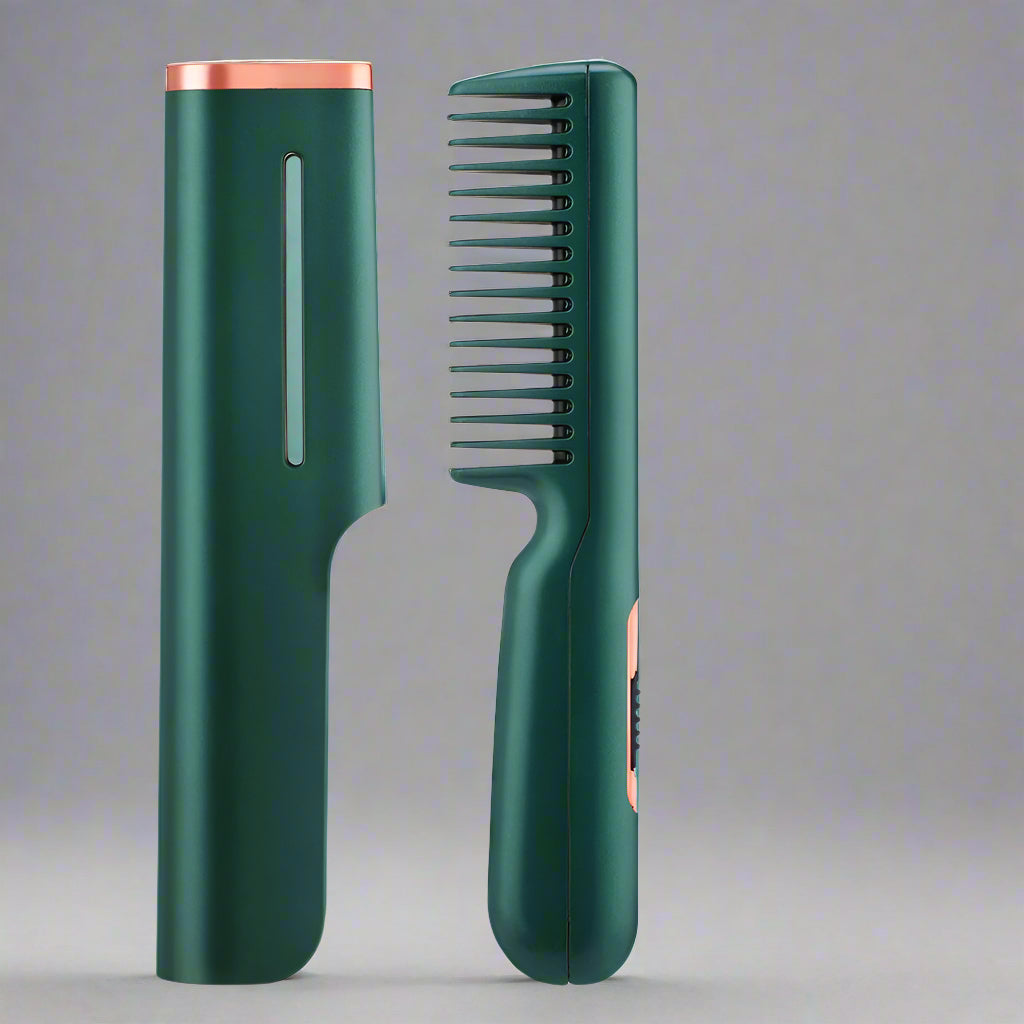 Peigne lissant 2 en 1 portable â Brosse chauffante sans fil pour cheveux et barbe-vert