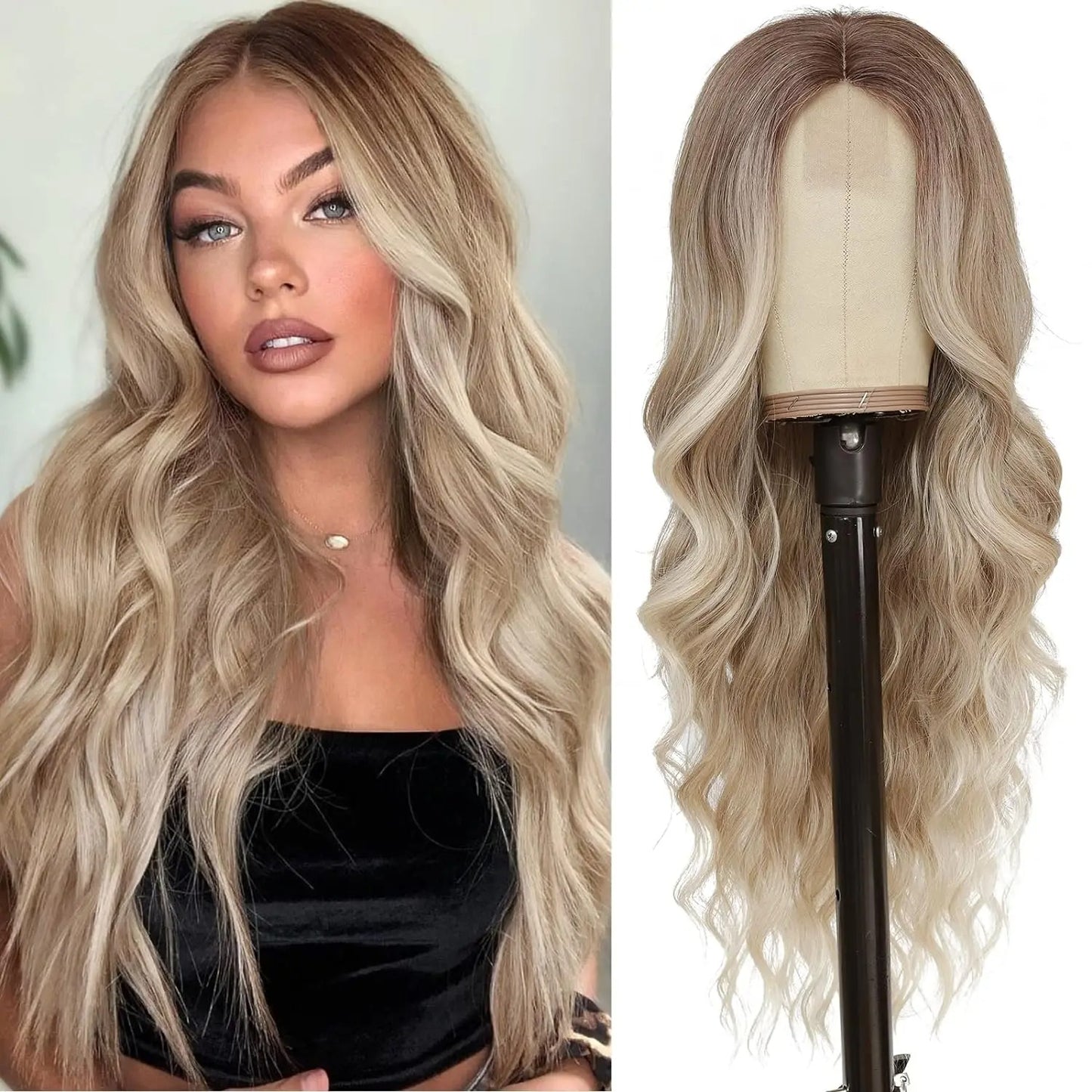 Perruque femme style long cheveux- Perruque-femme-longue-synthétique-look-naturel-coiffure-élegante-et-volumineuse-facile-d-entretien-style-glamour-et-tendance-pour-tous-types-d-occasions- Blond- Ondulation