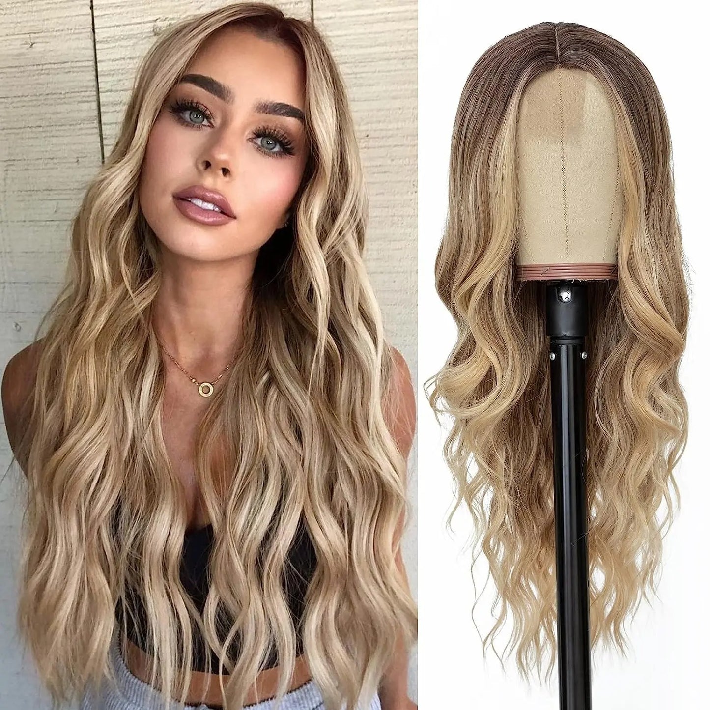 Perruque femme style long cheveux- Perruque-femme-longue-synthétique-look-naturel-coiffure-élegante-et-volumineuse-facile-d-entretien-style-glamour-et-tendance-pour-tous-types-d-occasions- blonf- femme au yeux bleu-
