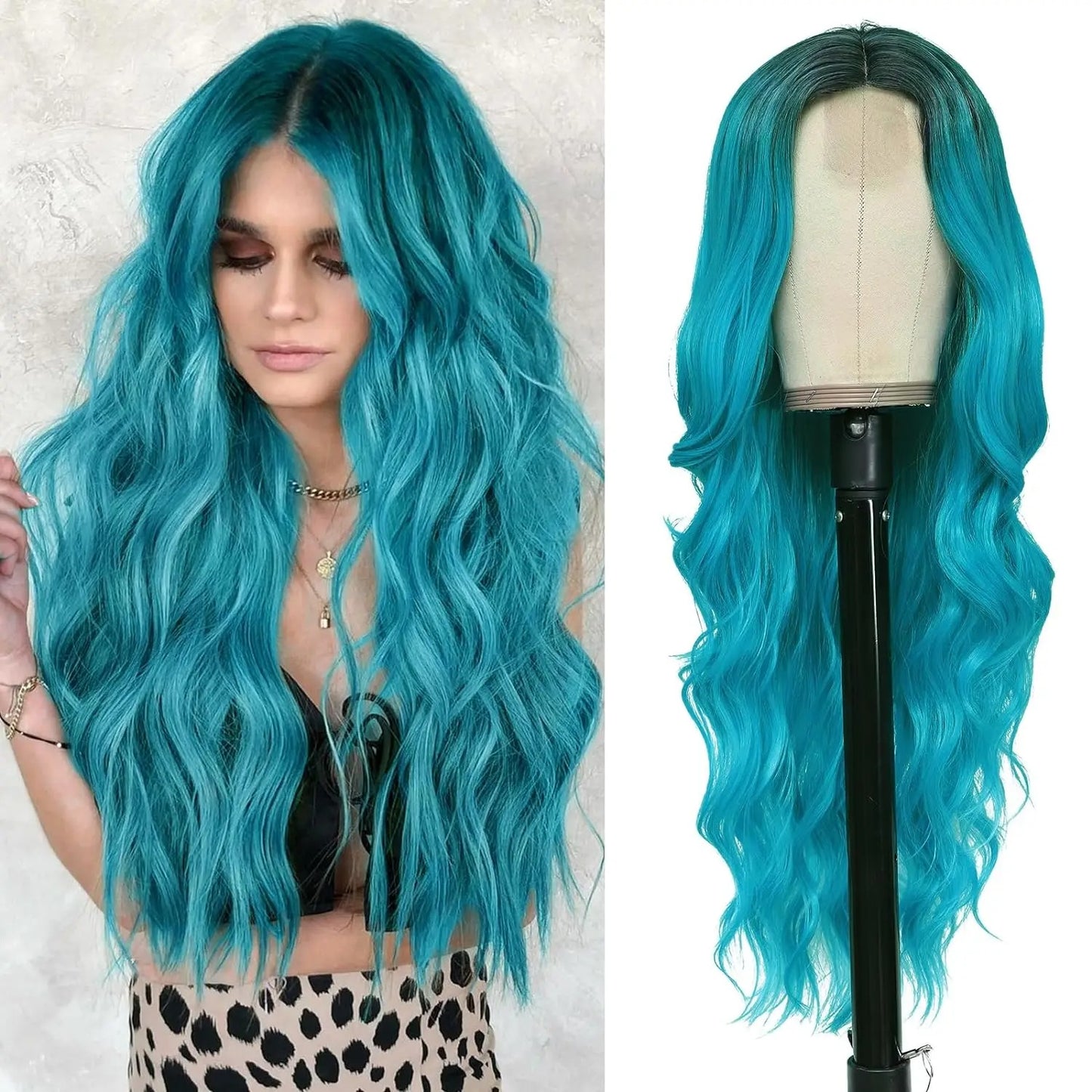 Perruque femme style long cheveux- Perruque-femme-longue-synthétique-look-naturel-coiffure-élegante-et-volumineuse-facile-d-entretien-style-glamour-et-tendance-pour-tous-types-d-occasions- Bleu