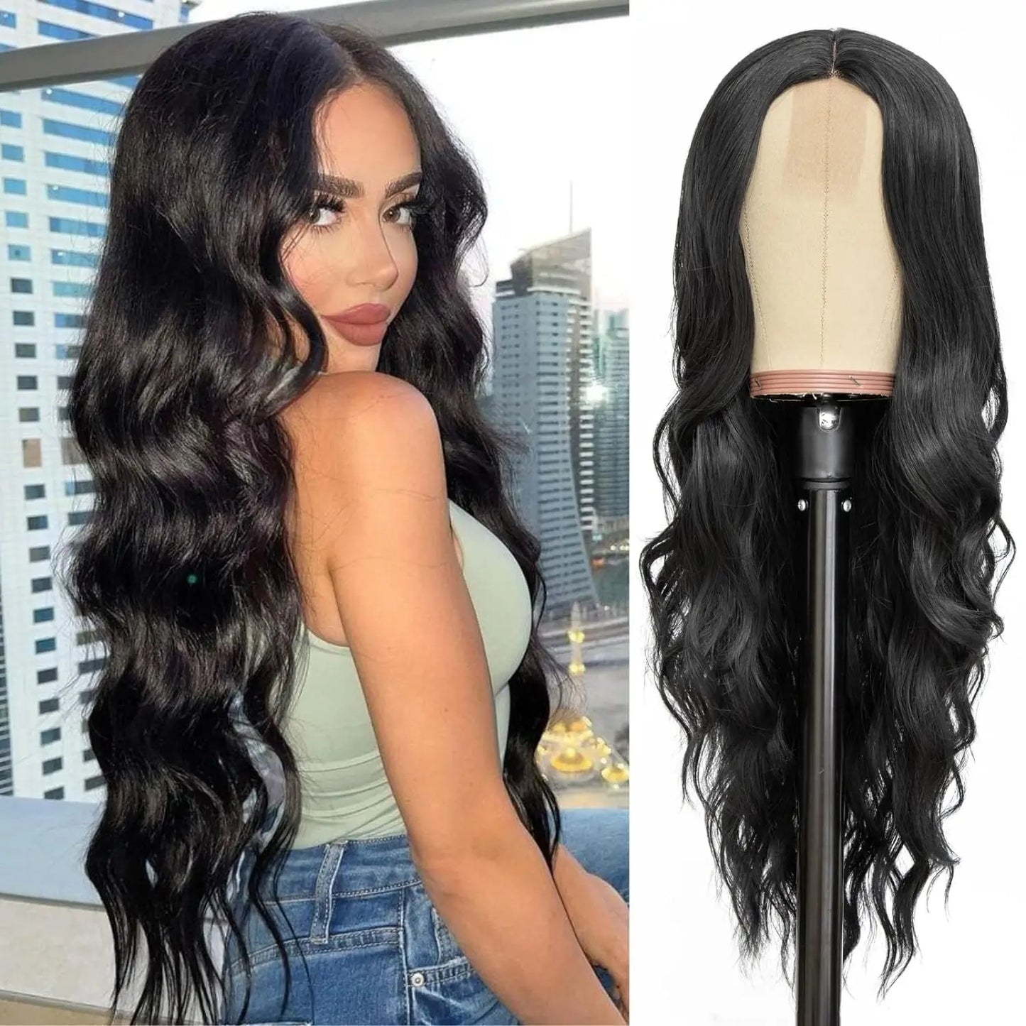 Perruque femme style long cheveux- Perruque-femme-longue-synthétique-look-naturel-coiffure-élegante-et-volumineuse-facile-d-entretien-style-glamour-et-tendance-pour-tous-types-d-occasions- Brun