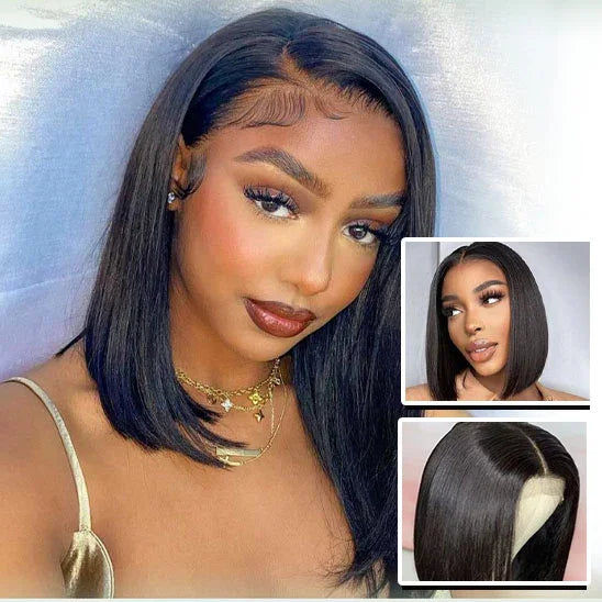 Femme portant une perruque noire carré lisse avec raie latérale, maquillage élégant et collier doré