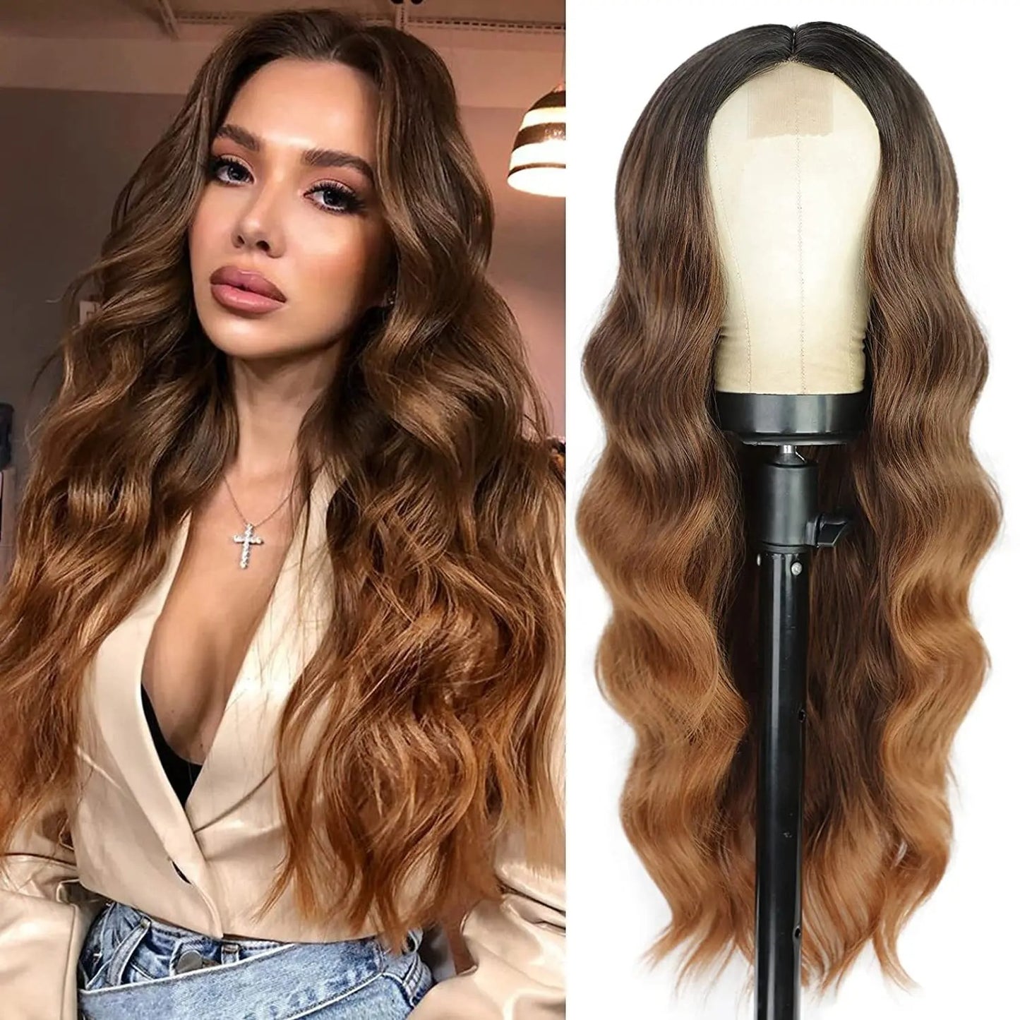 Perruque femme style long cheveux- Perruque-femme-longue-synthétique-look-naturel-coiffure-élegante-et-volumineuse-facile-d-entretien-style-glamour-et-tendance-pour-tous-types-d-occasions- chatain- ondulation