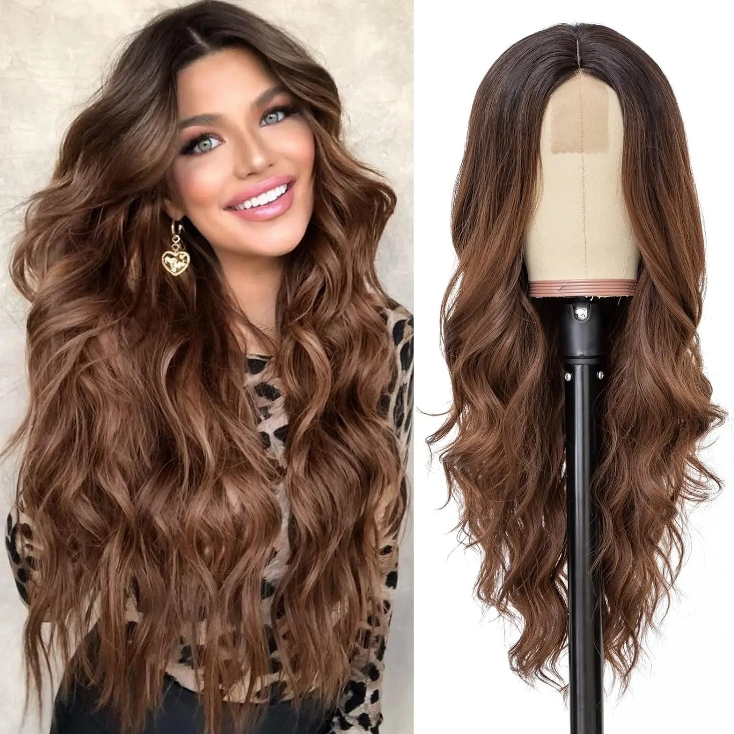 Perruque femme style long cheveux- Perruque-femme-longue-synthétique-look-naturel-coiffure-élegante-et-volumineuse-facile-d-entretien-style-glamour-et-tendance-pour-tous-types-d-occasions- chatain- belles - ondulations