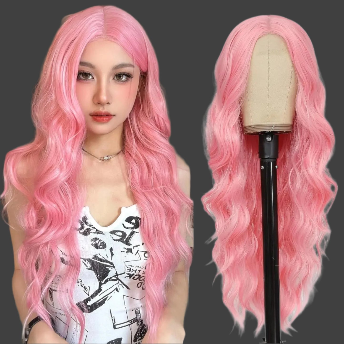 Perruque femme style long cheveux- Perruque-femme-longue-synthétique-look-naturel-coiffure-élegante-et-volumineuse-facile-d-entretien-style-glamour-et-tendance-pour-tous-types-d-occasions- Rose