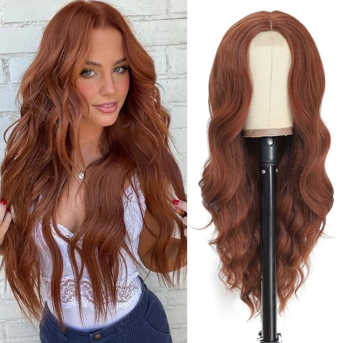 Perruque femme style long cheveux- Perruque-femme-longue-synthétique-look-naturel-coiffure-élegante-et-volumineuse-facile-d-entretien-style-glamour-et-tendance-pour-tous-types-d-occasions- Roux