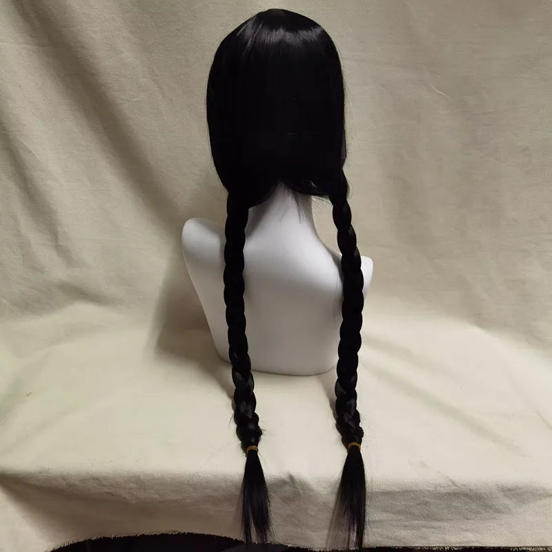 Perruque noire à tresses avec frange, inspiration vintage mystique - Perruque tressée avec frange, style gothique chic- Perruque gothique à tresses avec frange droite, charme intemporel