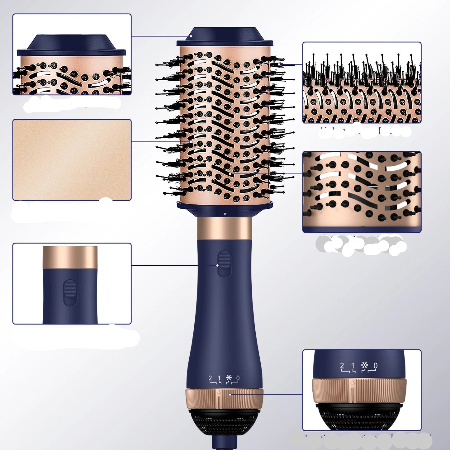 Appareil 4 en 1 bleu avec accessoires, conçu pour simplifier votre routine beauté. Combine les fonctions de sèche-cheveux, lisseur, peigne chauffant, fer à friser et brosse soufflante.