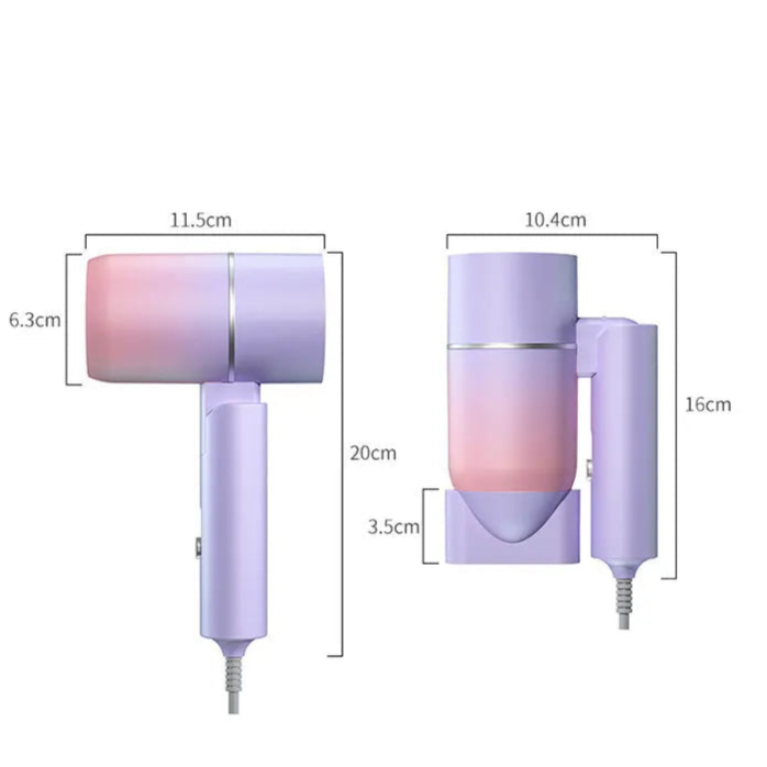 Sèche-cheveux de voyage pliable avec 2 vitesses avec dimensions – Compact et pratique, ce sèche-cheveux pliable est idéal pour les voyages. Proposant deux vitesses réglables, il permet un séchage rapide et efficace tout en prenant peu de place dans votre valise. Son design pliable facilite le rangement, et il convient à tous les types de cheveux. Parfait pour les voyageurs en quête d'un appareil de qualité, léger et performant."