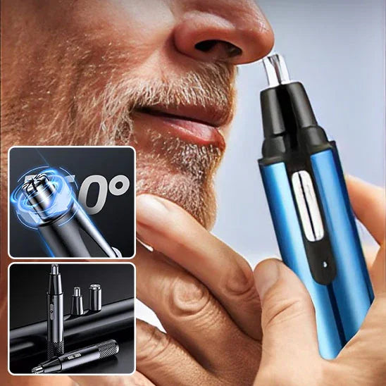 Homme utilisant une tondeuse à nez bleue avec deux embouts et rasoir rapide