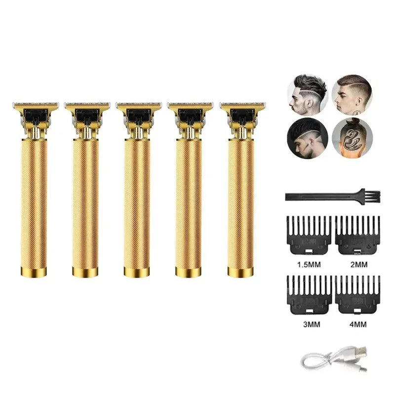 Lot de 5 tondeuses cheveux homme couleur or avec sabots coupe 1.5-4mm, brosse nettoyage et câble USB