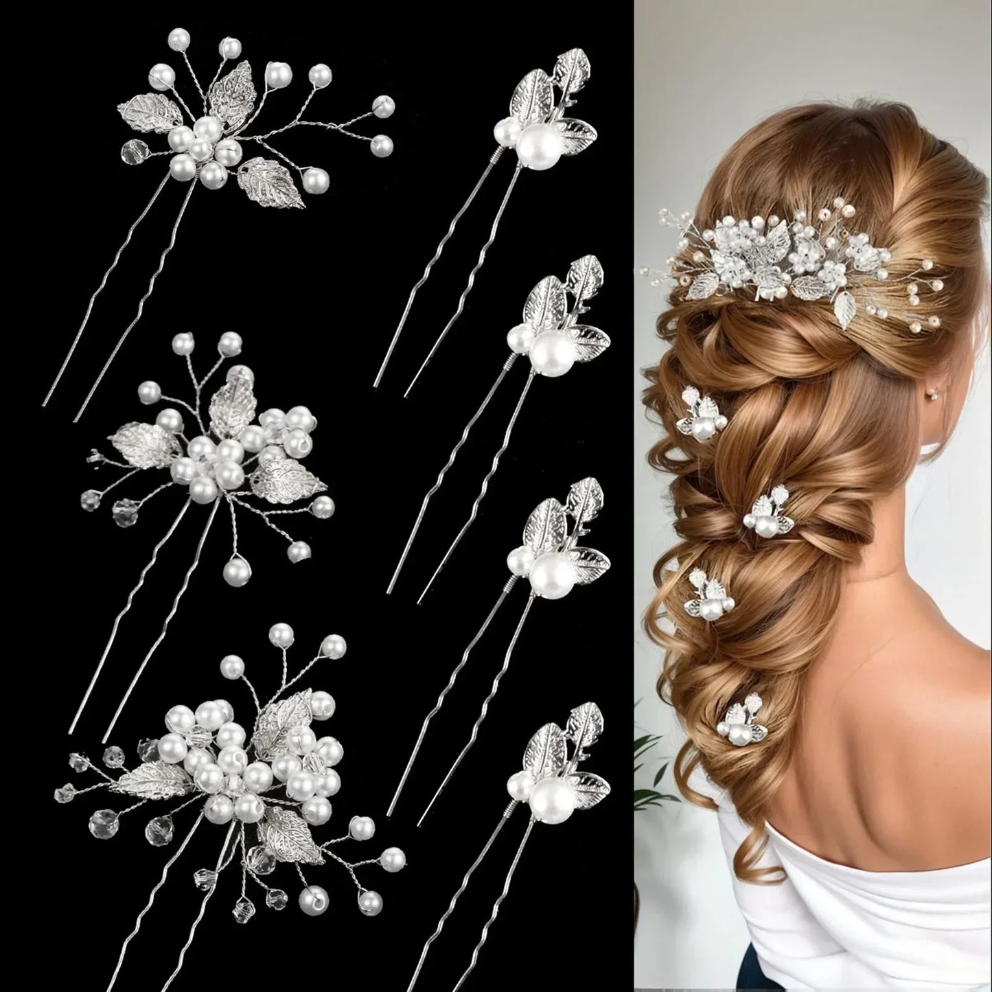 Set d'épingles à cheveux argentées avec perles, décor floral, coiffure mariée élégante tressée