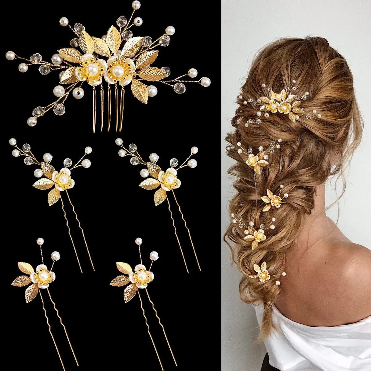 Femme mariée coiffée Épingles à cheveux avec perles et dorure, parfaites pour un maintien élégant et une touche glamour.