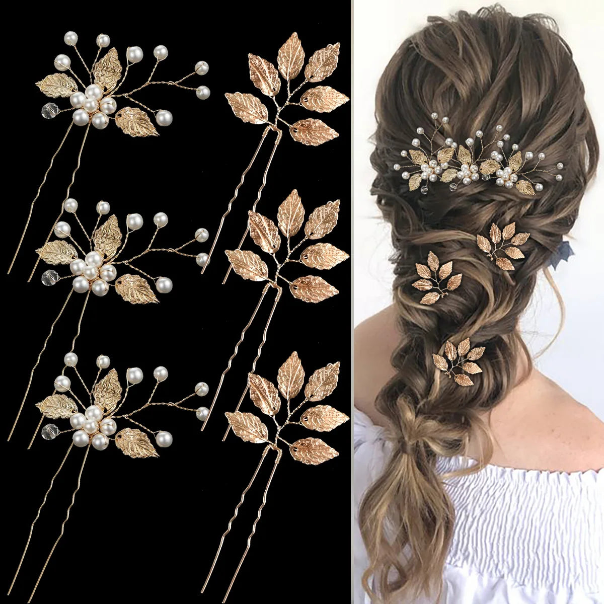 Épingles à cheveux ornées de perles élégantes blanches et dorées ou dorées, parfaites pour ajouter une touche de sophistication à vos coiffures. Avec femme mariée coiffée.
