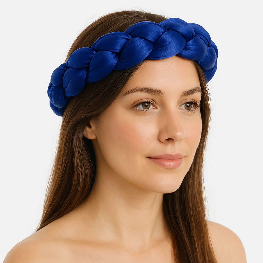 Femme portant un bandeau tressé en satin bleu, élégant et confortable, parfait pour le sauna ou les soins du visage.