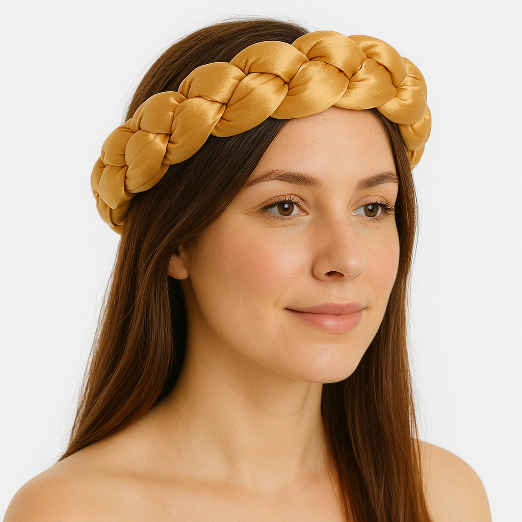 Femme portant un bandeau tressé en satin doré, élégant et confortable, parfait pour le sauna ou les soins du visage.