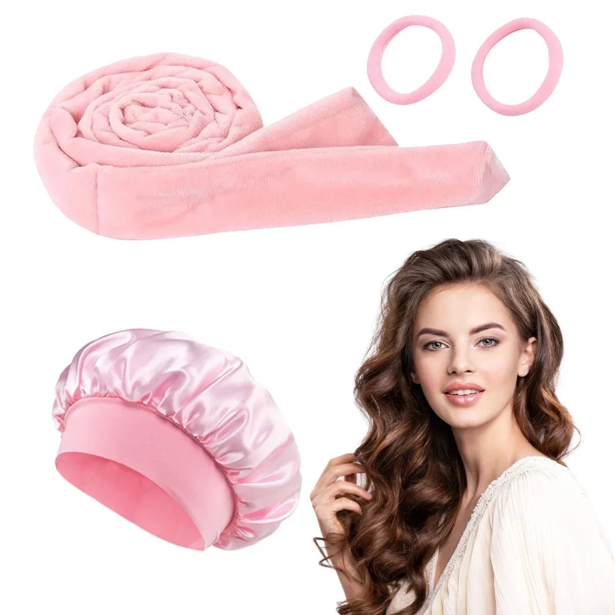 Bigoudi sans chaleur avec Bonnet Satin Assorti rose