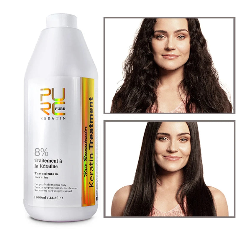 Produit traitement à la kératine 8% avec photos avant et après sur cheveux bouclés et lisses