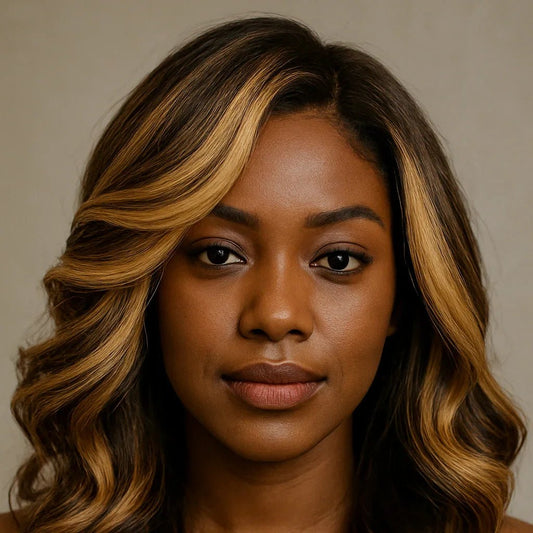 Portrait d'une femme avec cheveux longs bouclés aux mèches blondes et peau foncée, fond neutre