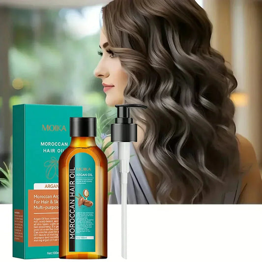 Femme aux cheveux longs ondulés, huile de cheveux marocaine MOIKA argan huile en bouteille et boîte verte