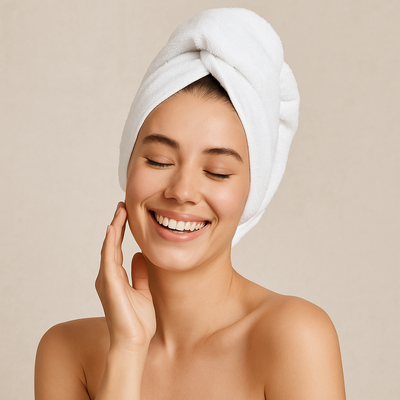 Femme heureuse avec serviette cheveux blanche sur la tête