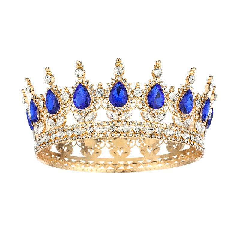Diadème élégant en strass doré orné d'imitation de diamant et de pierres Bleues pour mariage ou soirée – vue de face