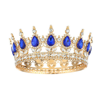 Diadème élégant en strass doré orné d'imitation de diamant et de pierres Bleues pour mariage ou soirée – vue de face