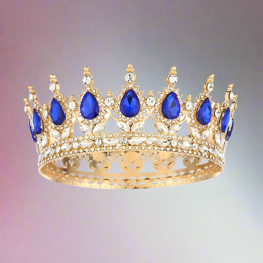 Diadème élégant doré en strass orné d'imitation de diamant et de pierres bleues pour mariage ou soirée – vue de face
